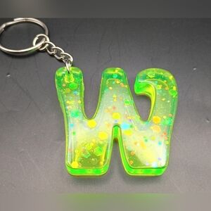 Handmade Neon Lime Green Glitter Letter W Initial Epoxy Resin Keychain Keyring